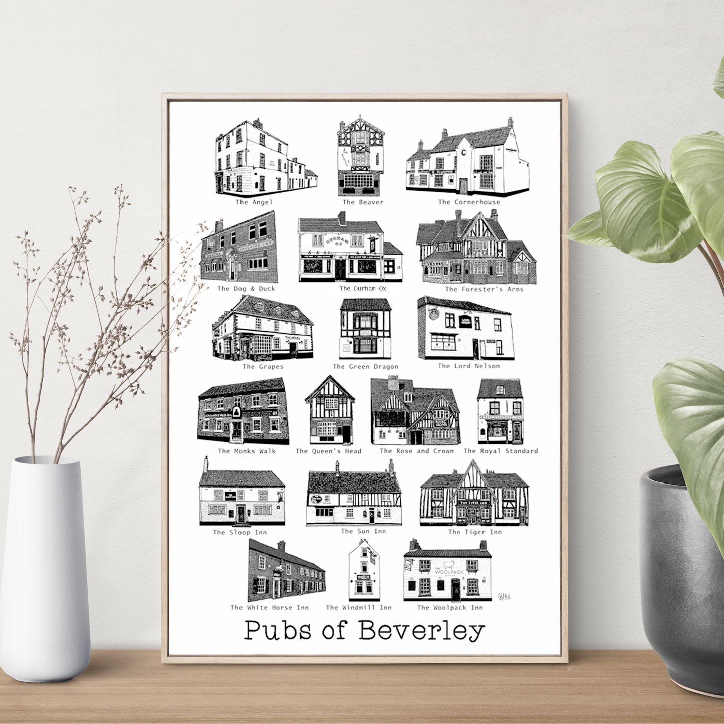 Pubs of Beverley Print (Black and White)
