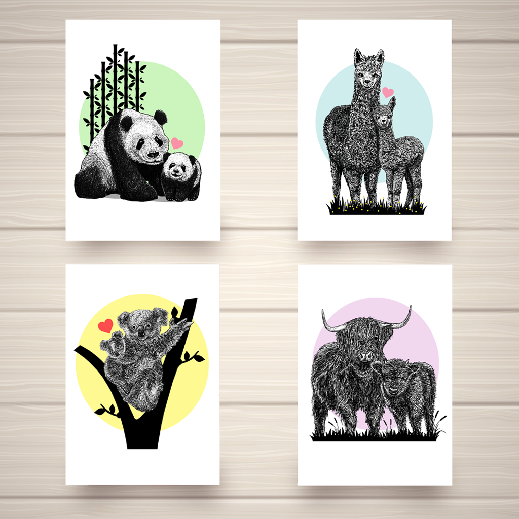 Pack of Four Animal Greetings Cards