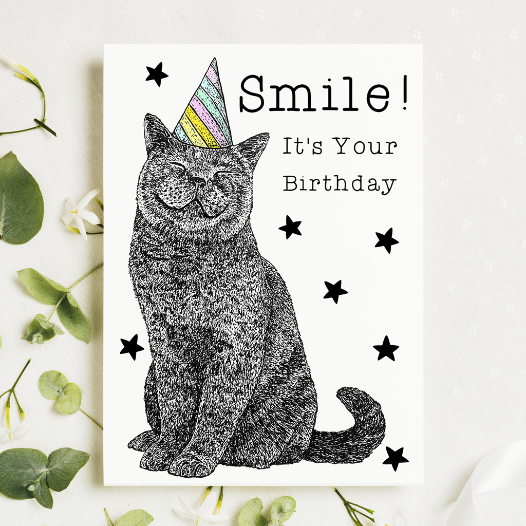 Happy British Blue Cat Birthday Card